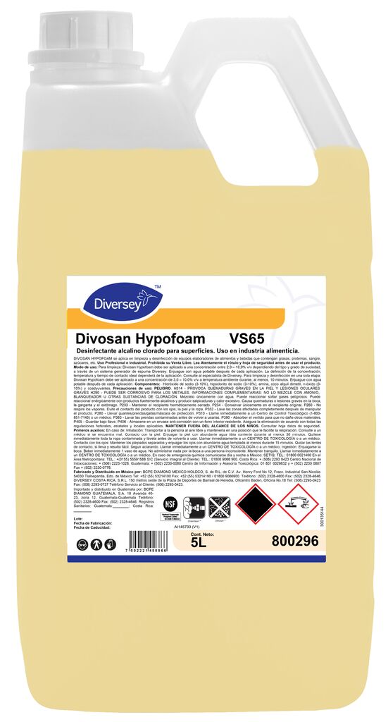 DIVOSAN HYPOFOAM VS65 4x5L - Desinfectante alcalino clorado para superficies uso en industria alimenticia